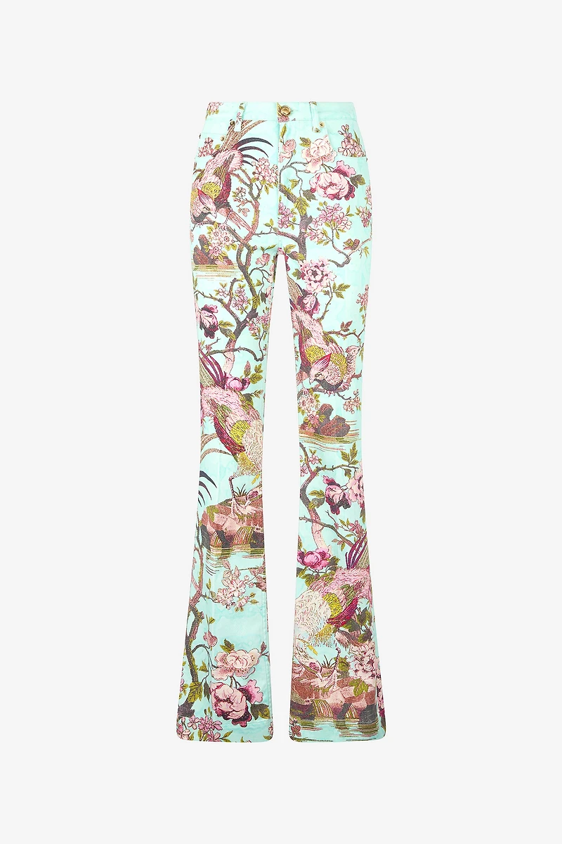 Pants With Oriental Bird Print