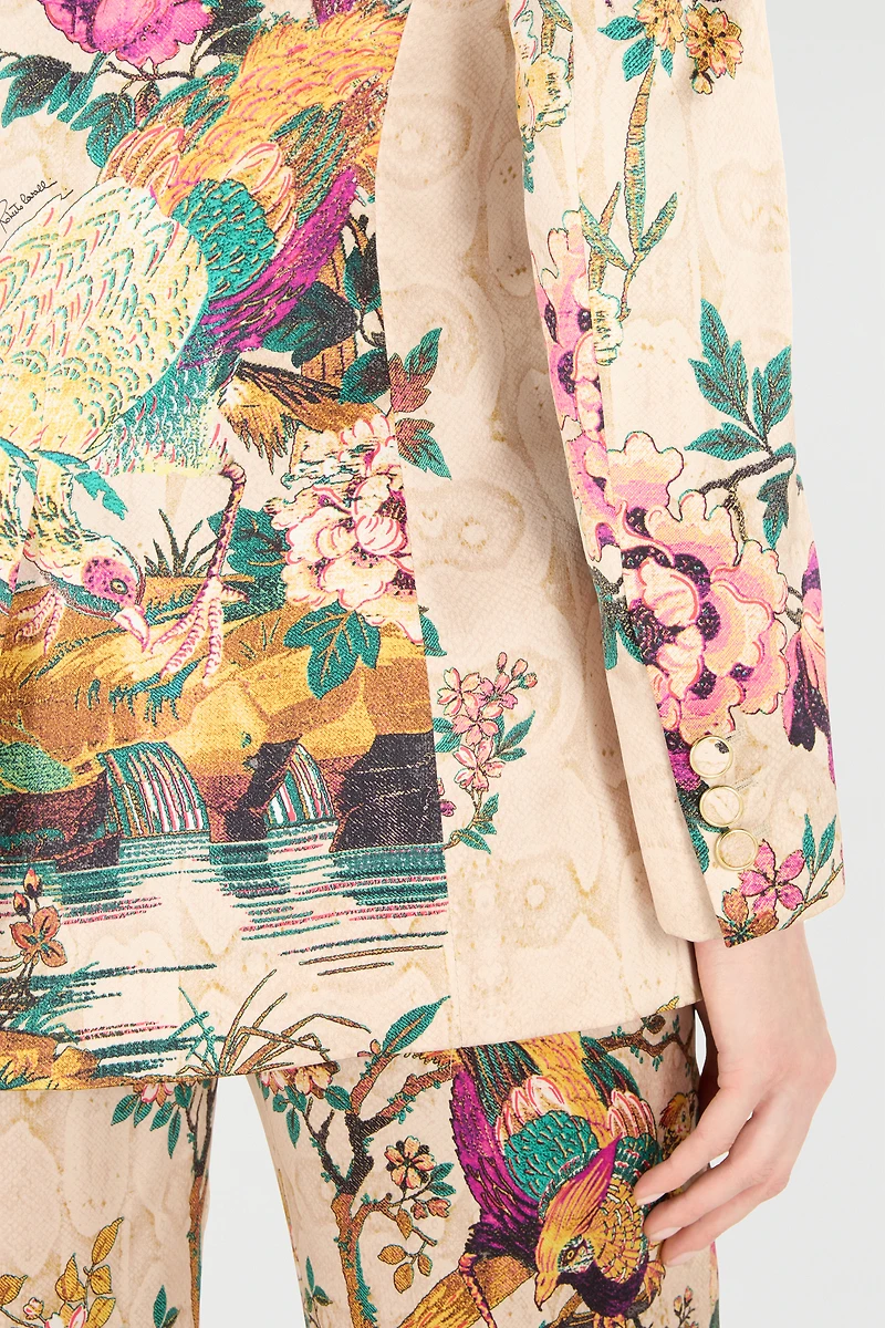 Silk Blazer With Oriental Bird Print