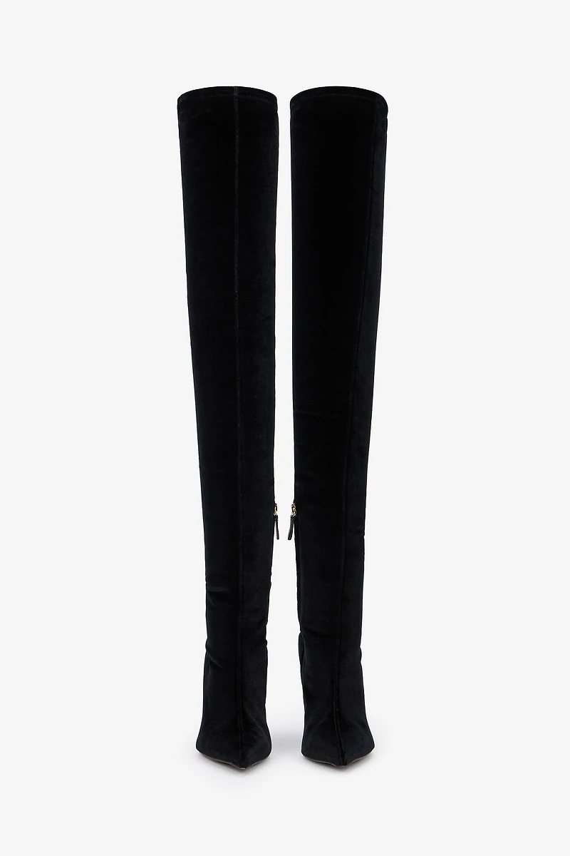 Black Satin Pointed-Toe Thigh High Boots