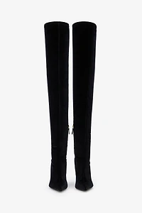 Black Satin Pointed-Toe Thigh High Boots
