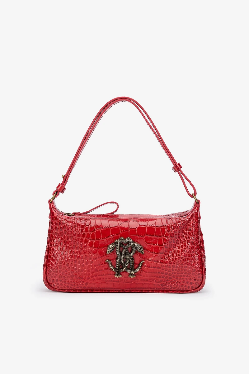 Red Croc-Embossed Shoulder Bag With Mirror Snake