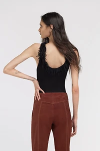 Black Ribbed Knit Top With Frayed Trim