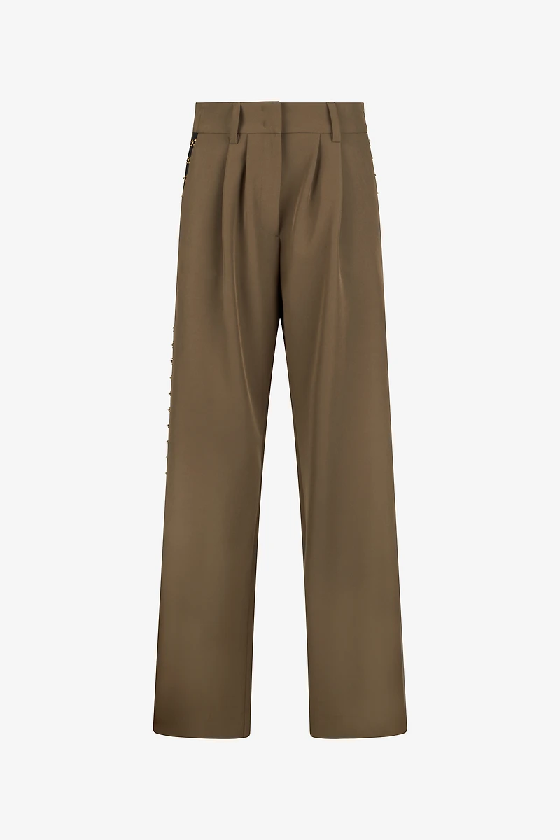 Olive Green Wide-Leg Trousers With Hook And Eye Detail
