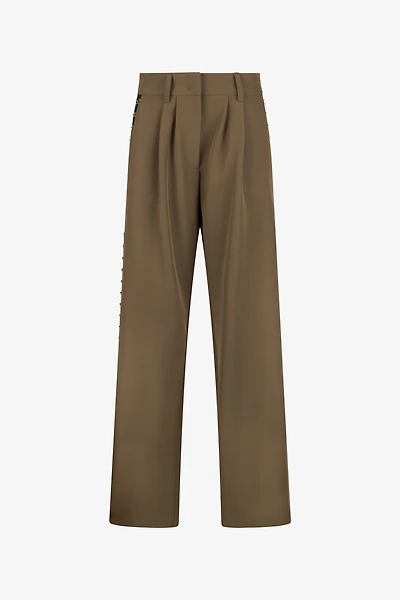 Olive Green Wide-Leg Trousers With Hook And Eye Detail