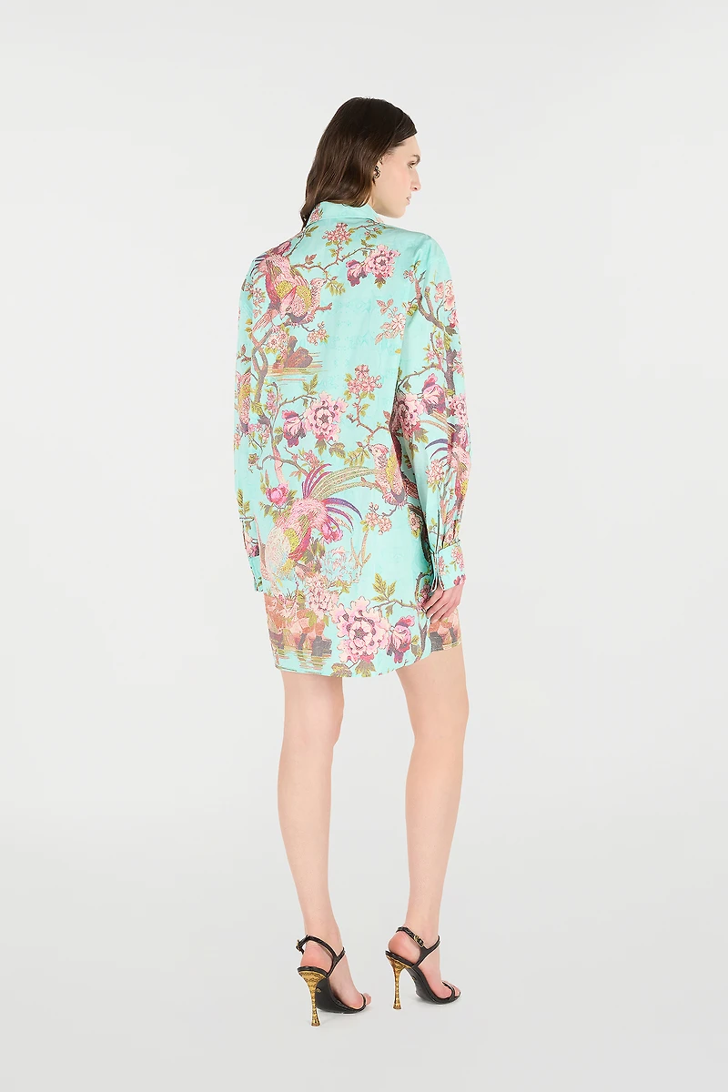 Shirt Dress With Oriental Bird Print