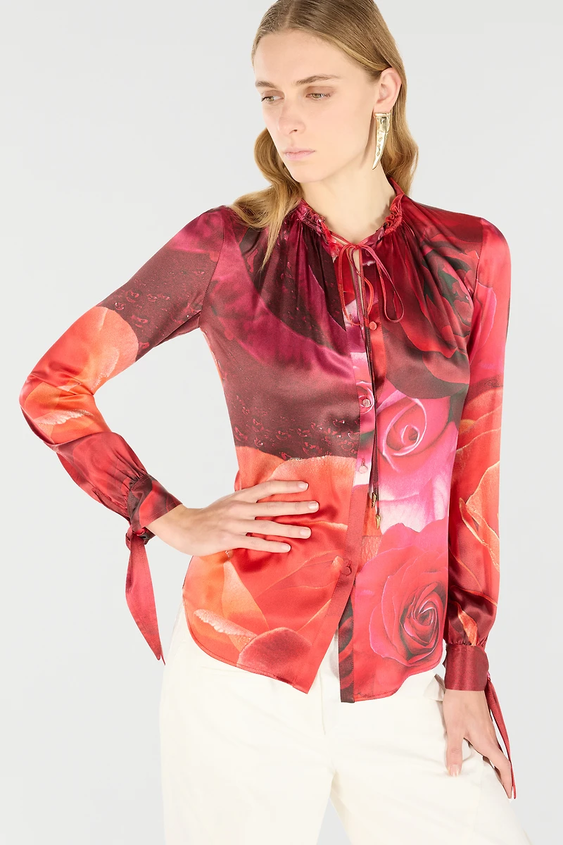 Rose-Print Silk Shirt