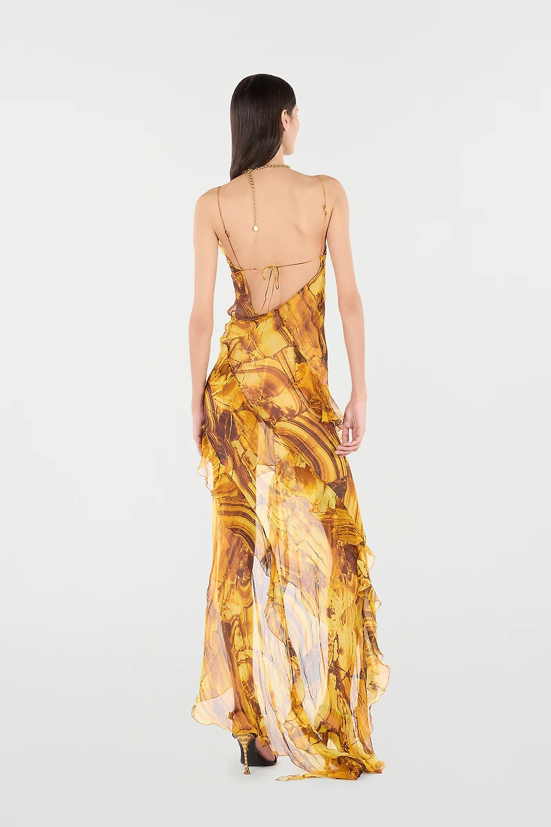 Asymmetric Silk Dress With Amber Print