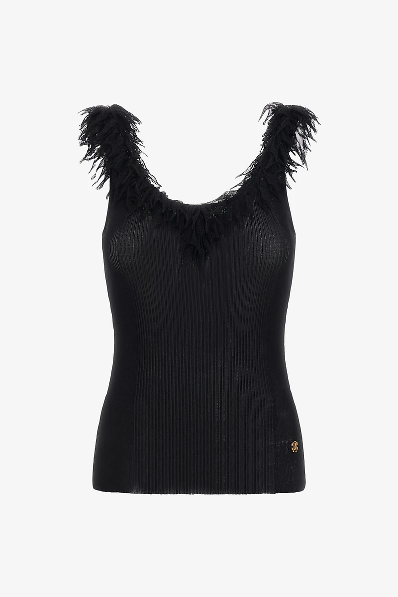 Black Ribbed Knit Top With Frayed Trim