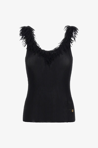 Black Ribbed Knit Top With Frayed Trim