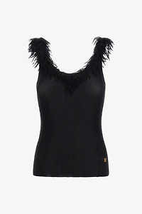 Black Ribbed Knit Top With Frayed Trim