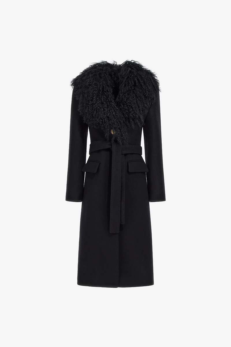 Black Virgin Wool Coat With Fur Collar