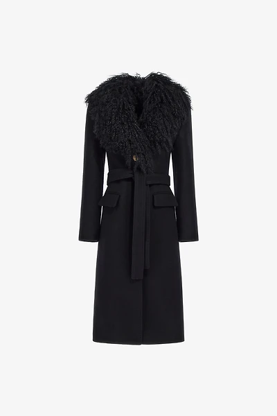 Black Virgin Wool Coat With Fur Collar