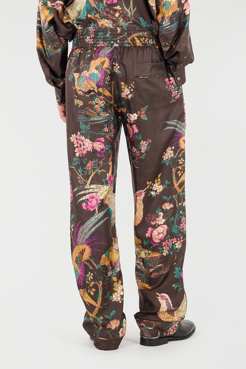 Silk Pants With Oriental Bird Print
