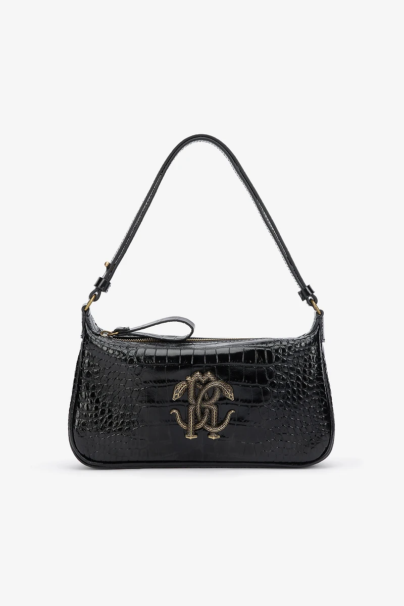 Black Croc-Effect Shoulder Bag With Mirror Snake Monogram