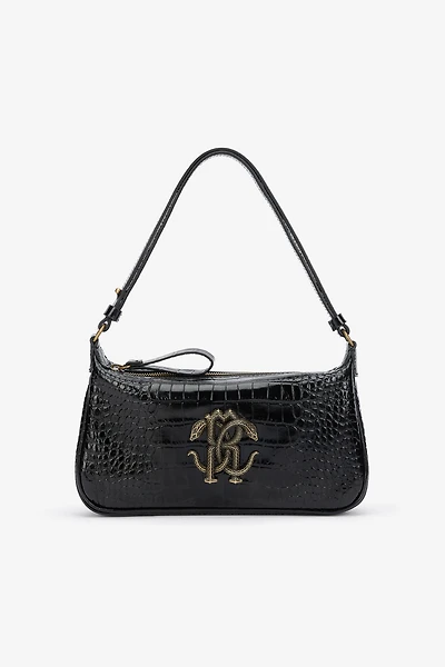 Black Croc-Effect Shoulder Bag With Mirror Snake Monogram