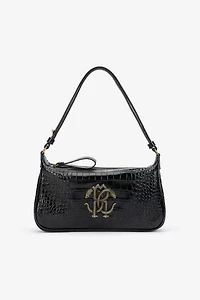 Black Croc-Effect Shoulder Bag With Mirror Snake Monogram