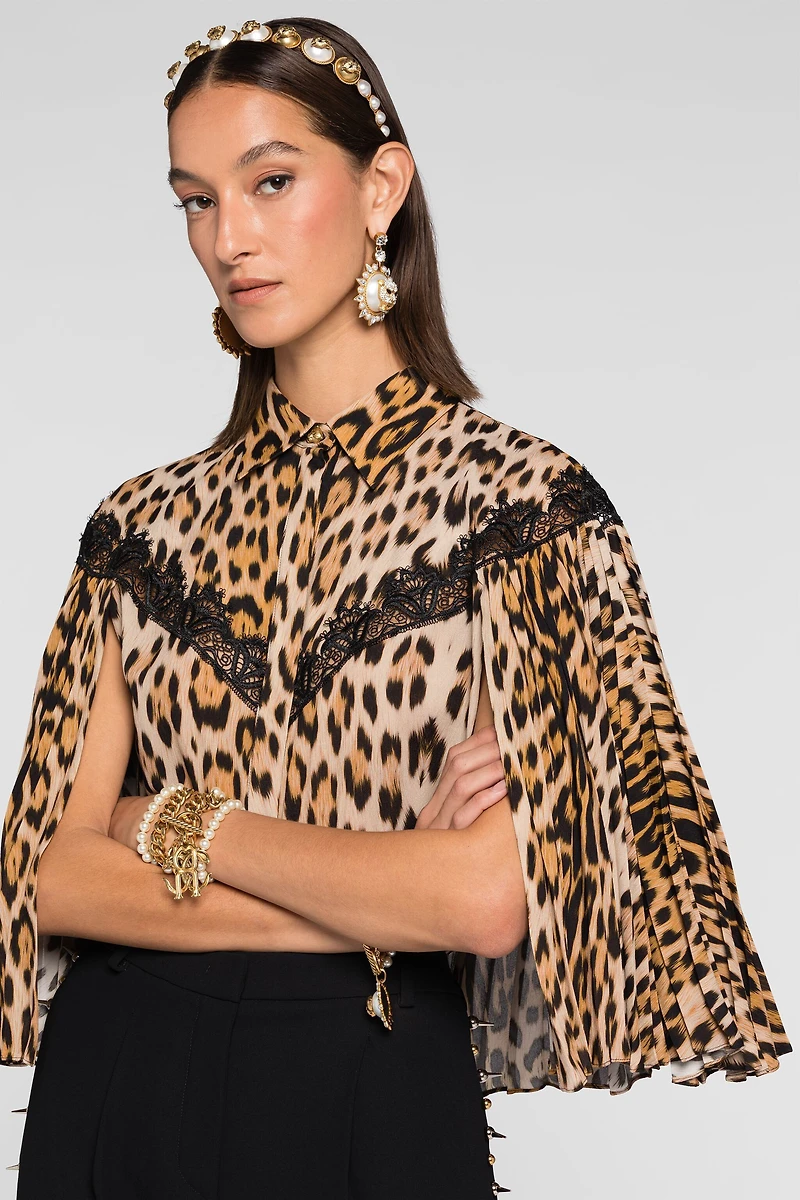 Lace-detailed leopard-print shirt