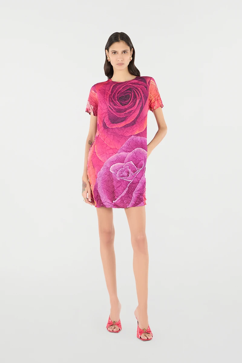 Crinkle-Effect Dress With Rose Print
