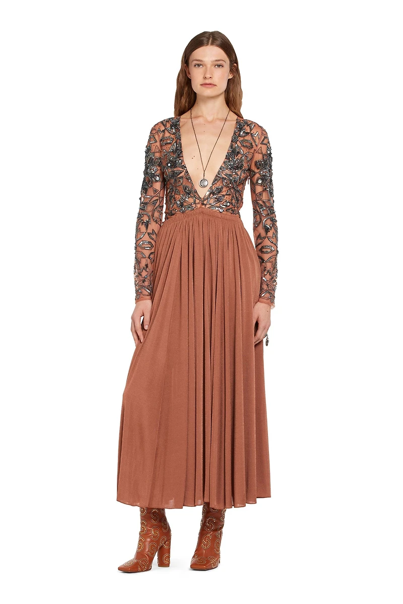 Long V-neck sequin embroidered dress