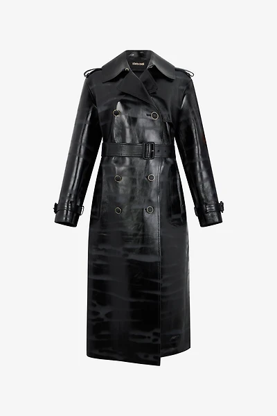 Black Genuine Leather Long Trench Coat