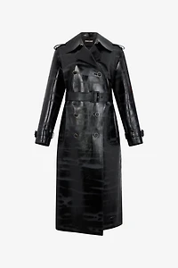 Black Genuine Leather Long Trench Coat