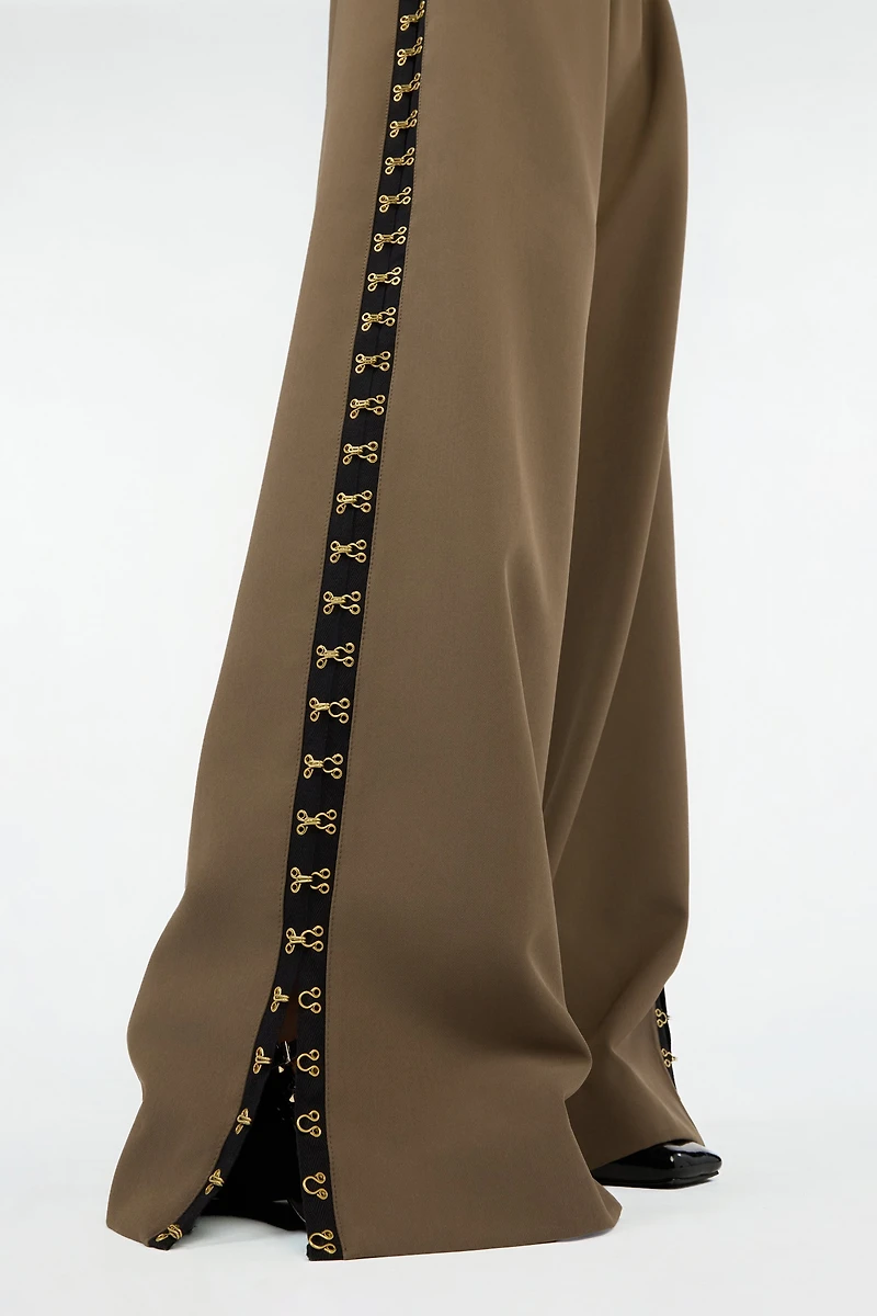 Olive Green Wide-Leg Trousers With Hook And Eye Detail