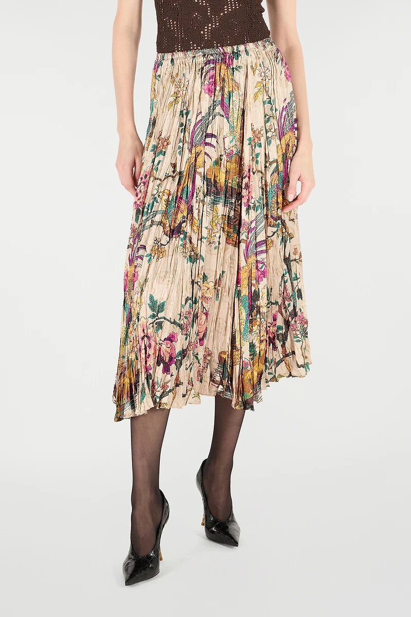 Midi Skirt With Oriental Bird Print