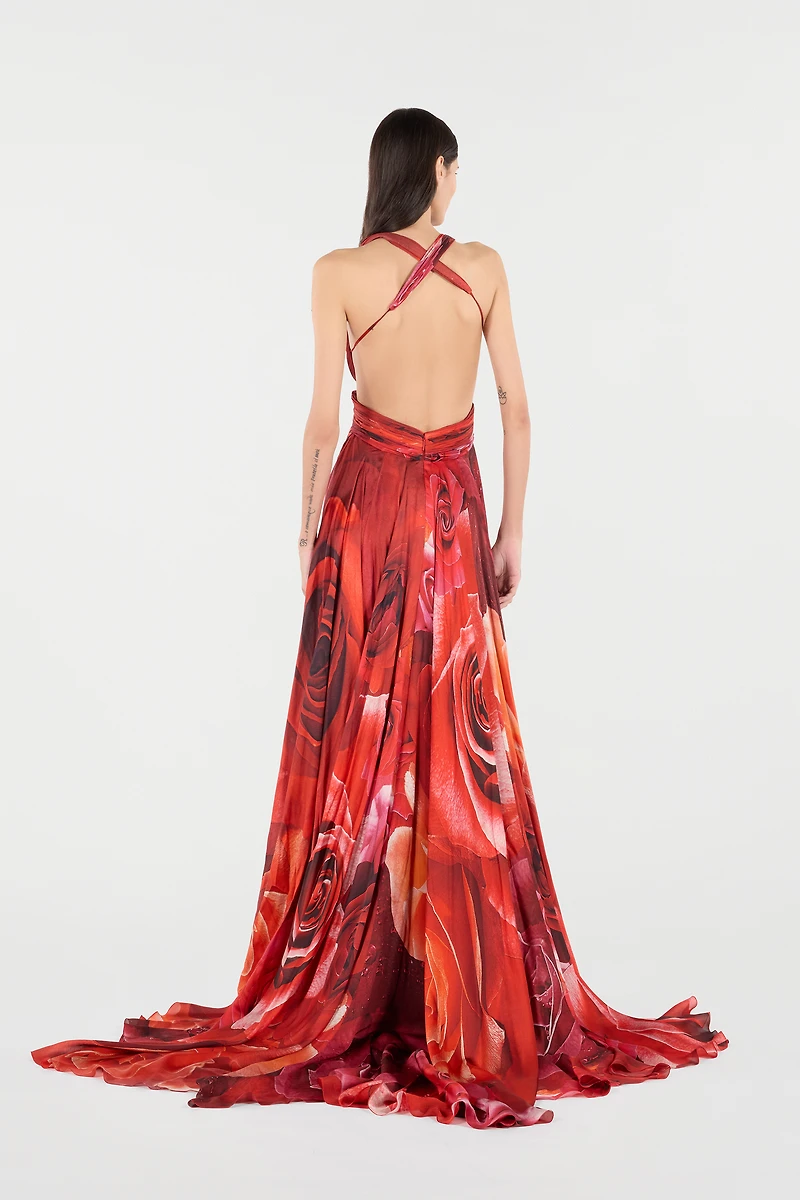 Long Dress With Rose Print And Cut-Out