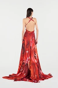 Long Dress With Rose Print And Cut-Out
