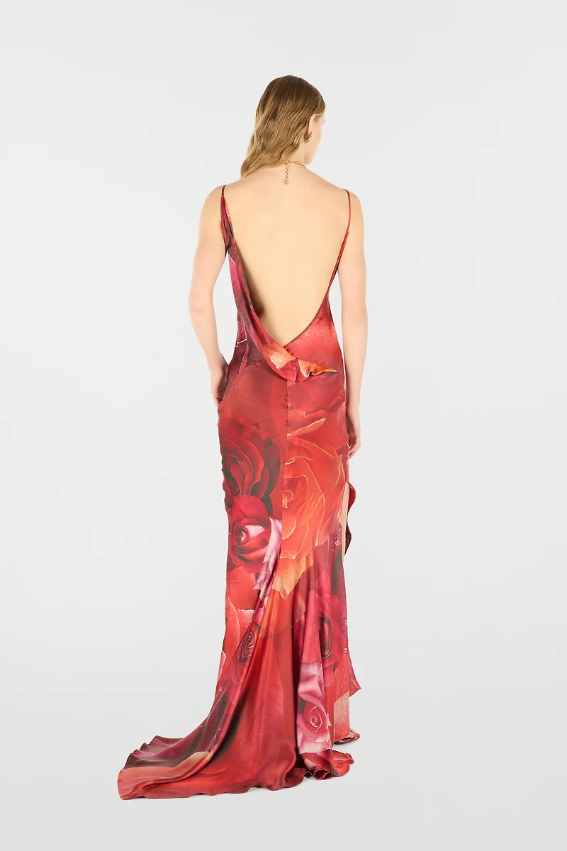 Long Dress With Rose Print And Bejeweled Tiger
