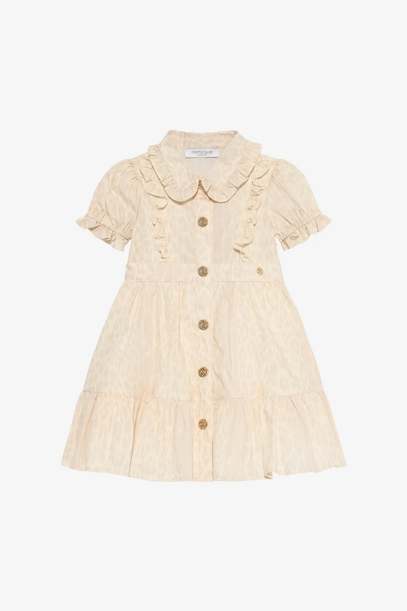 Ivory Dress with Jaguar Skin Print and Ruffles