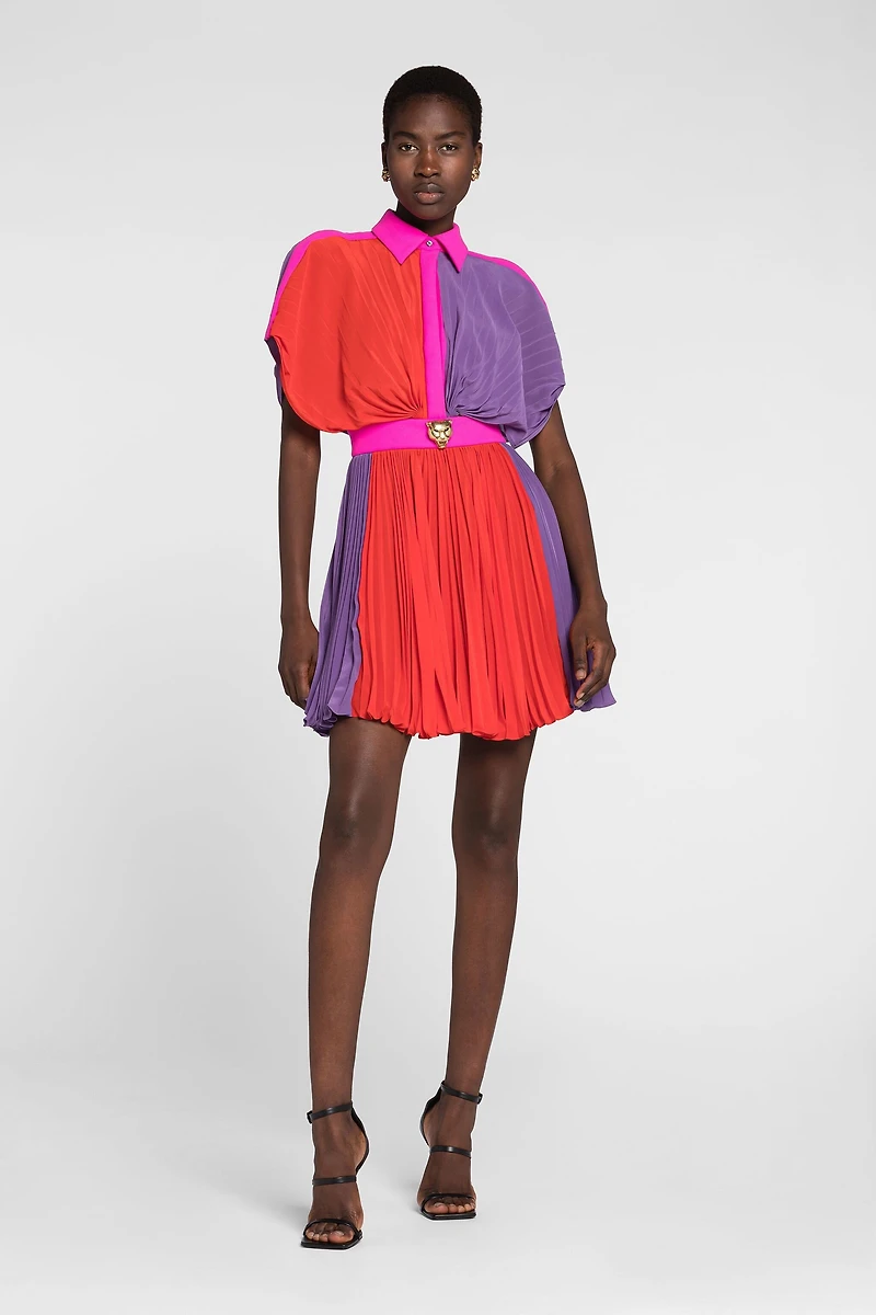 Colourblock Pleated Silk Mini Dress