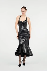 Black Genuine Leather Midi Dress
