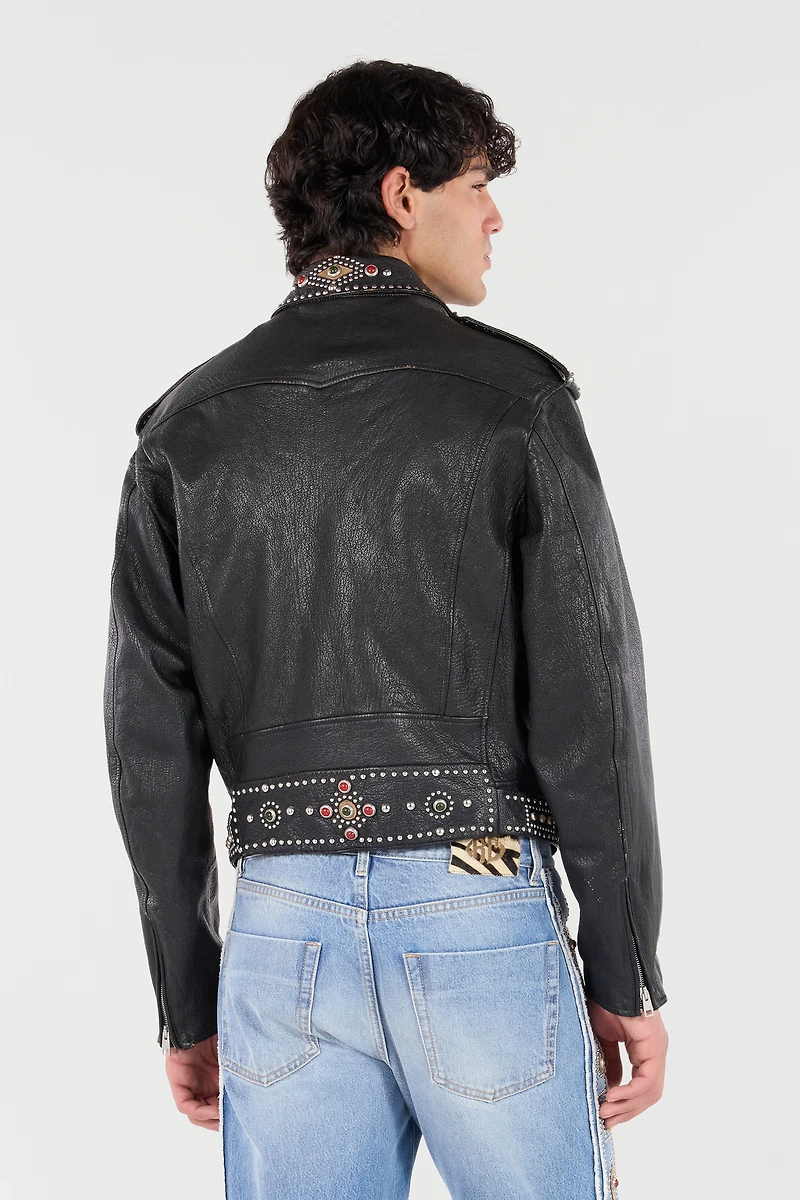 Leather Biker Jacket With Studs And Stones