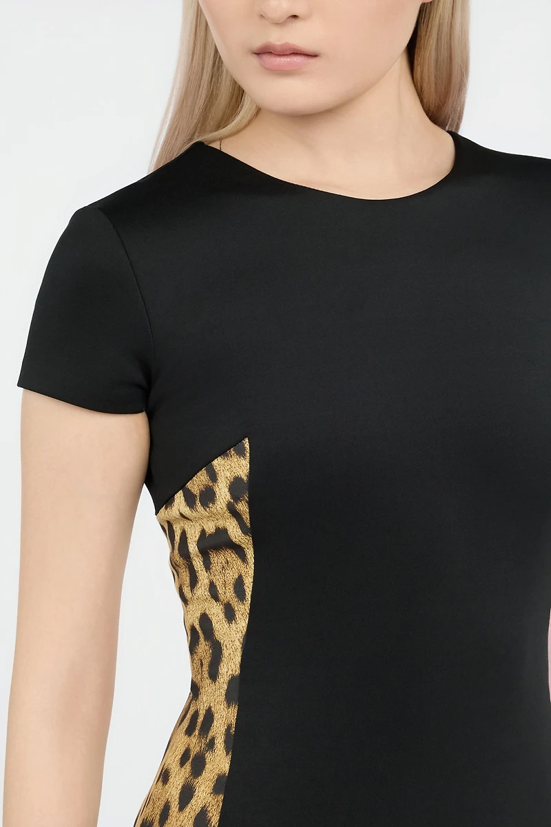 Black Midi Dress With Leopard Print Panels