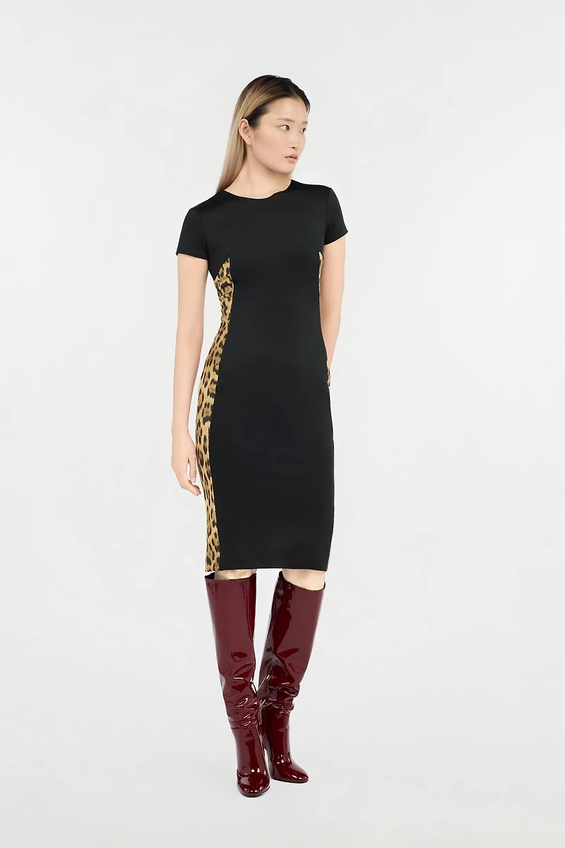 Black Midi Dress With Leopard Print Panels