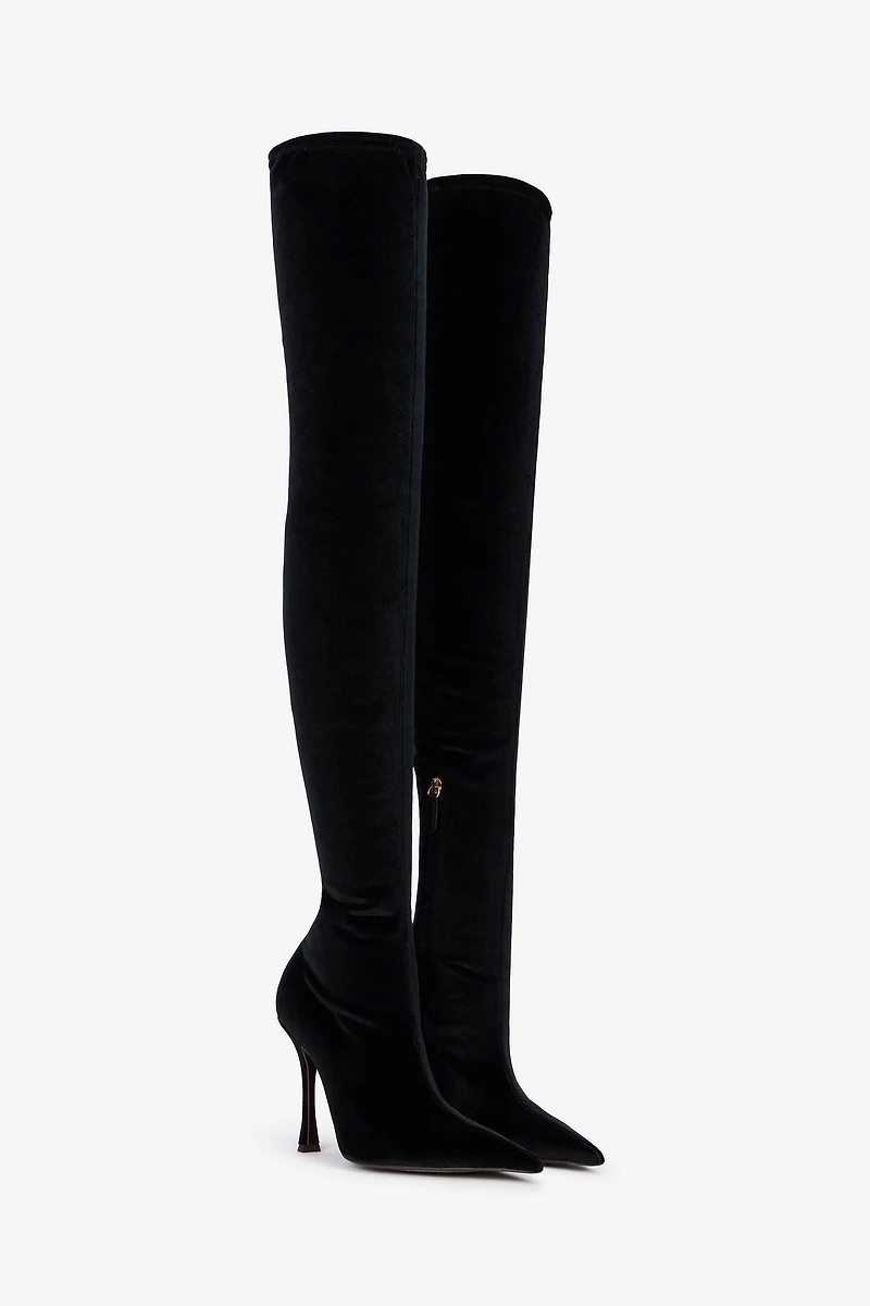 Black Satin Pointed-Toe Thigh High Boots