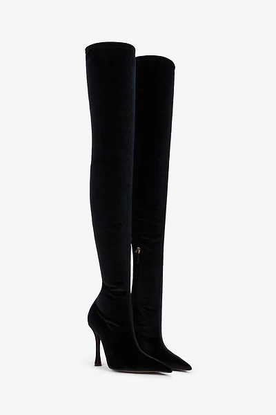 Black Satin Pointed-Toe Thigh High Boots