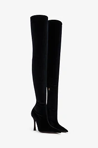 Black Satin Pointed-Toe Thigh High Boots