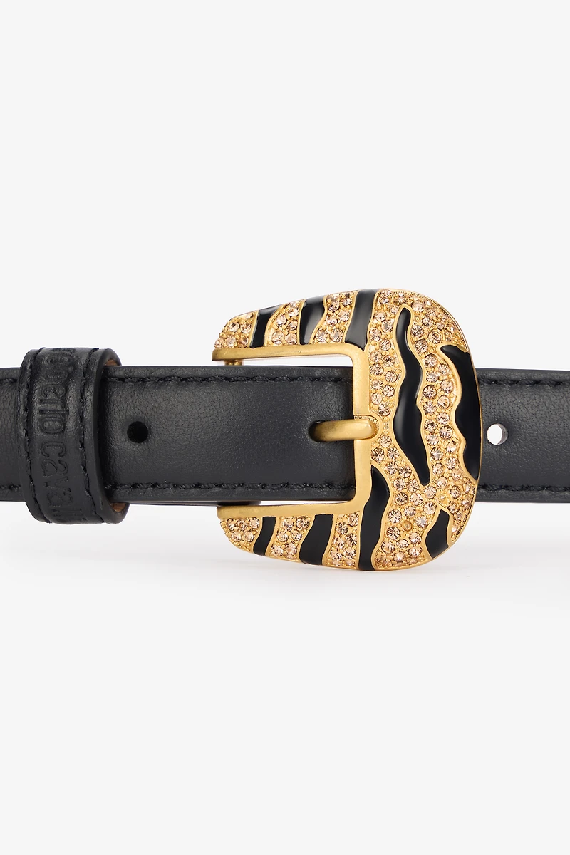 Solid-Color Slim Belt With Bejeweled Buckle