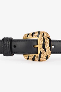 Solid-Color Slim Belt With Bejeweled Buckle