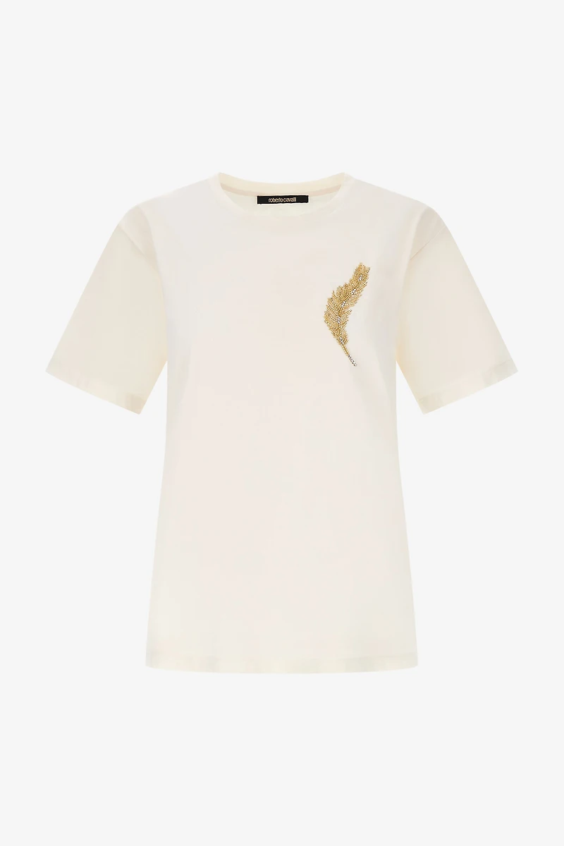 Ivory T-shirt with Feather Embroidery