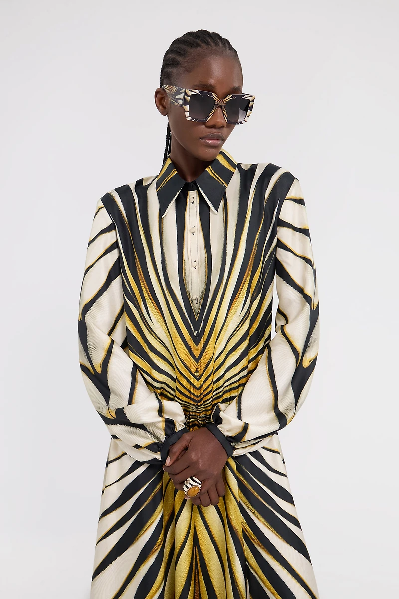 Ray Of Gold Print Silk Midi Dress