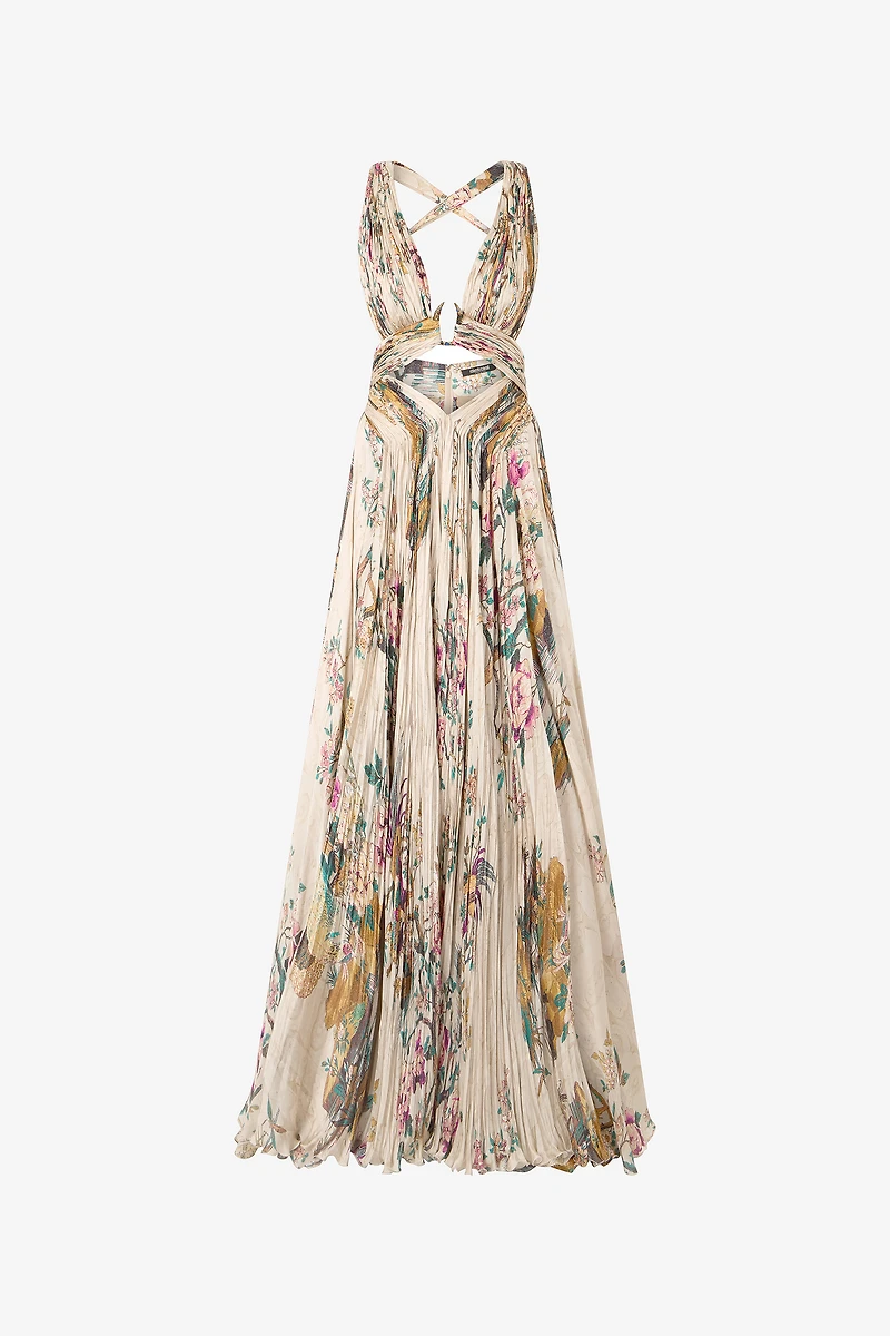Extra-Long Silk Dress With Oriental Bird Print