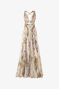 Extra-Long Silk Dress With Oriental Bird Print
