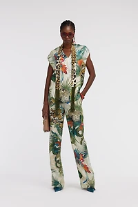 Jungle Print Silk Top With Scarf Detail