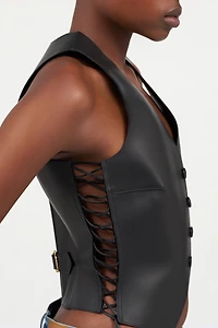 Black Leather Vest With Lace-Up Sides