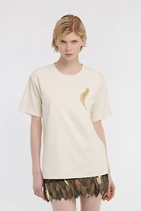 Ivory T-shirt with Feather Embroidery