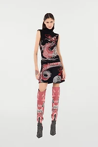 Mini Dress With Floral And Dragon Pattern