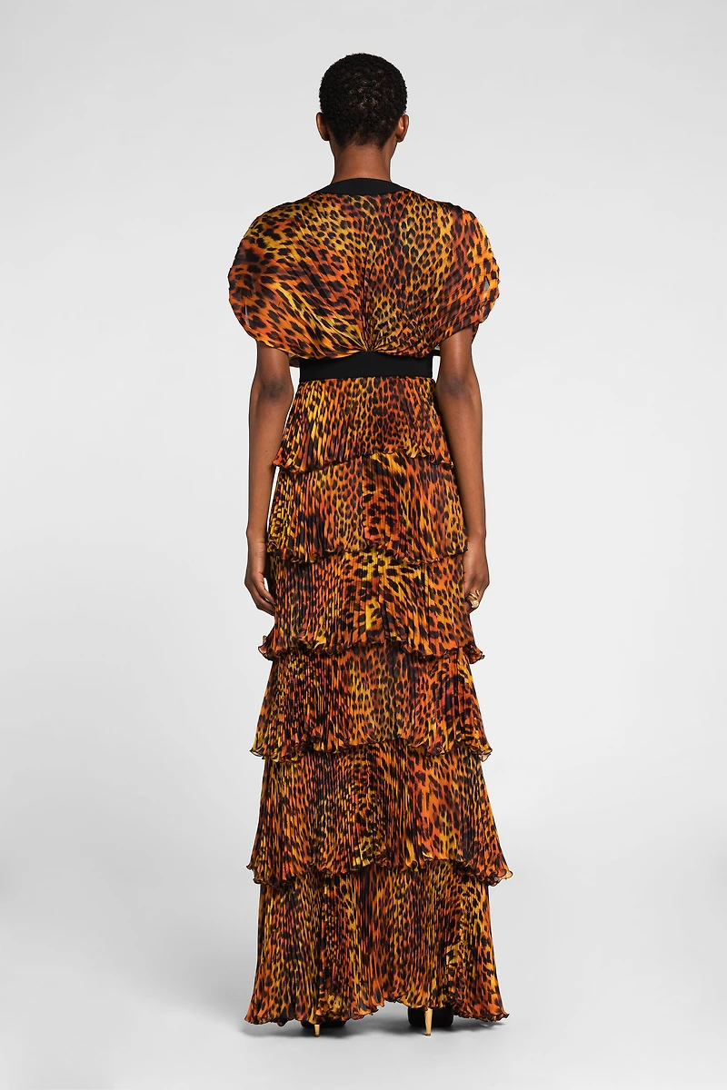 Jaguar-Print Pleated Silk Maxi Dress